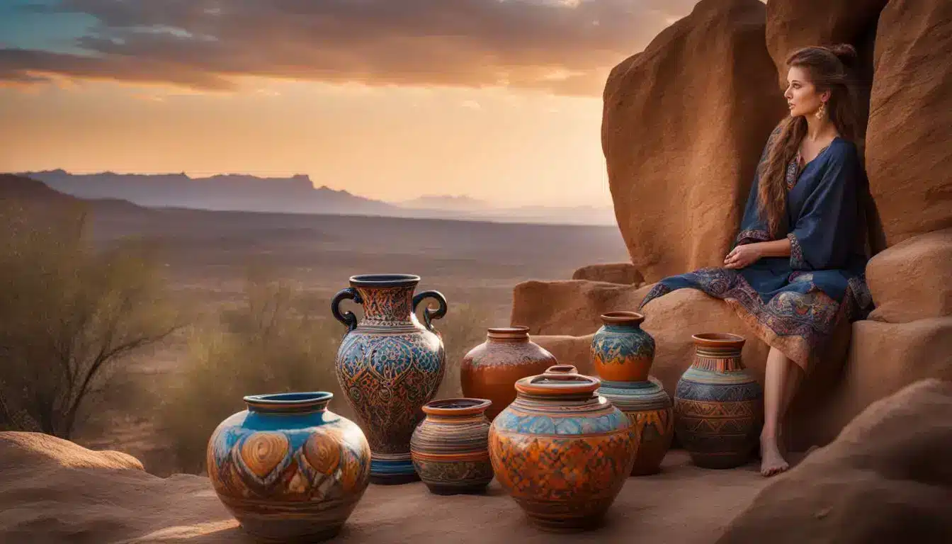 A Captivating Photo Of Vibrant Hand-Painted Pottery Against A Stunning Desert Backdrop, Showcasing Different Styles And Colors.