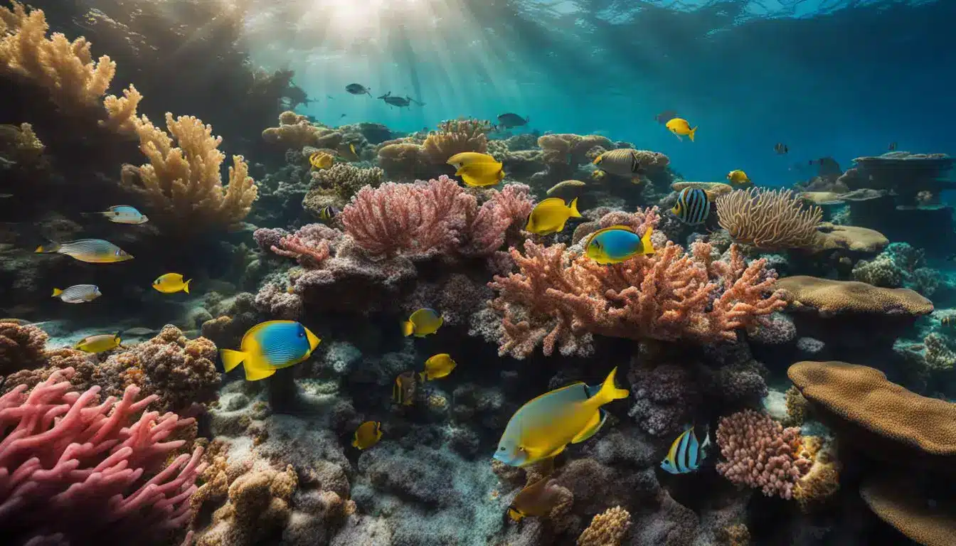A Vibrant Underwater Coral Reef With Diverse Marine Life, Captured In A High-Resolution Photograph.