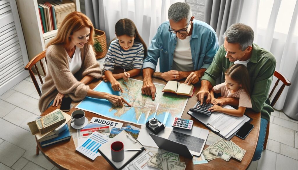 A Family Planning A Vacation At The Dinner Table Discussing Budgets