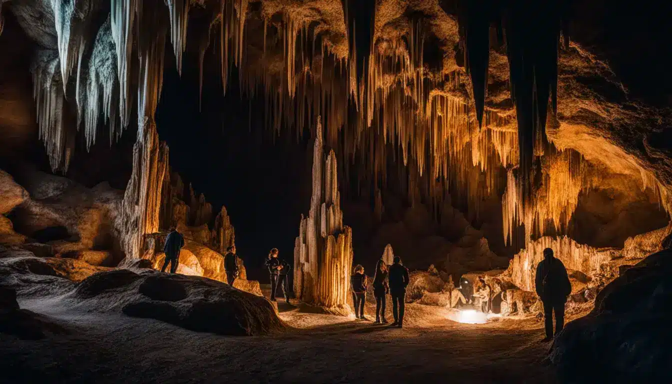 A Photo Of Diverse Individuals Exploring A Cave With Stunning Stalactites And Stalagmites.