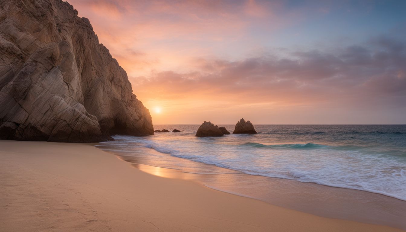 A Picturesque Sunrise Over An Empty Cabo San Lucas Beach, Captured In High-Definition Quality.