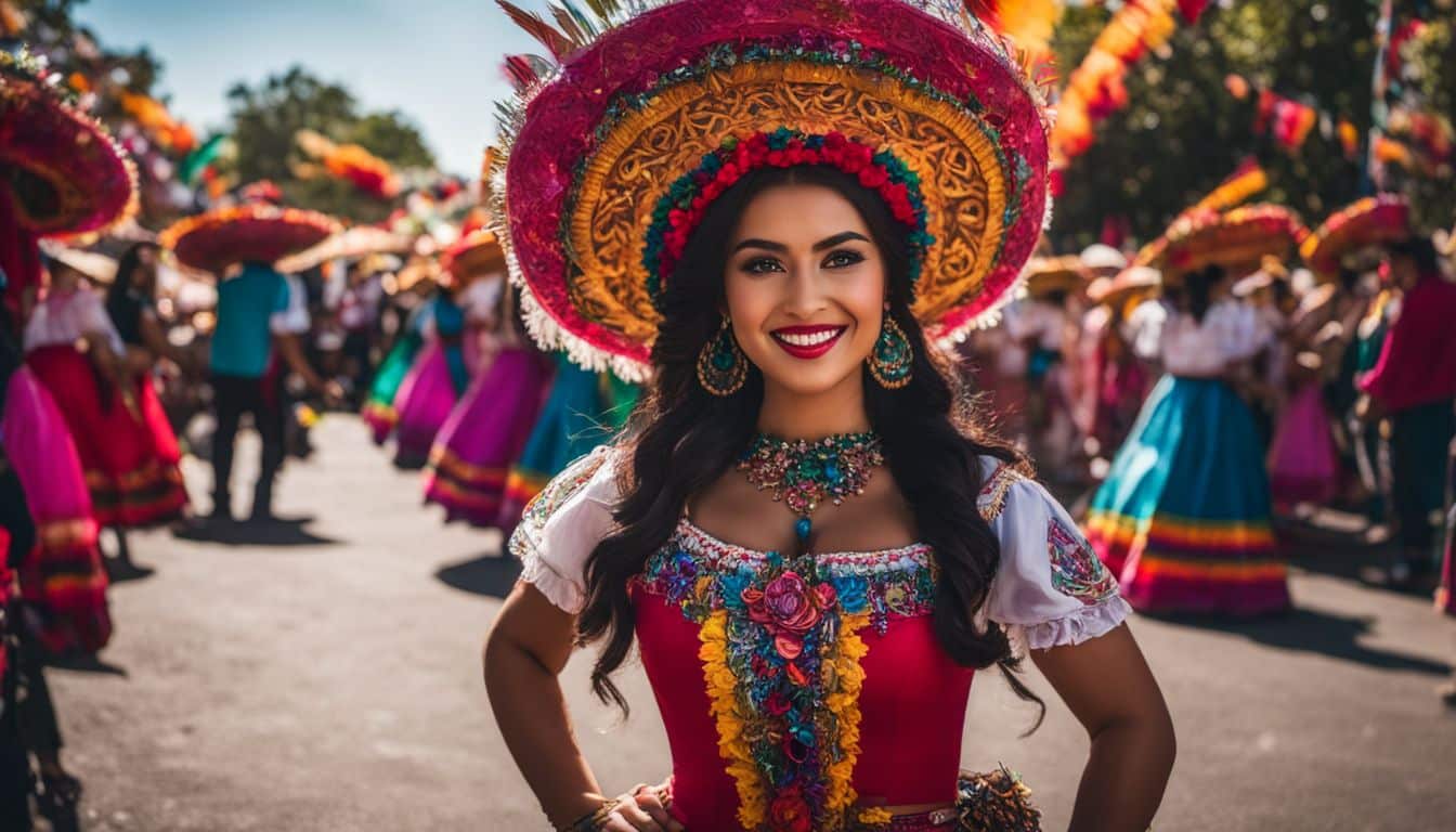 A Vibrant Mexican Festival Scene With Traditional Decorations, Bustling Streets, And Diverse People.