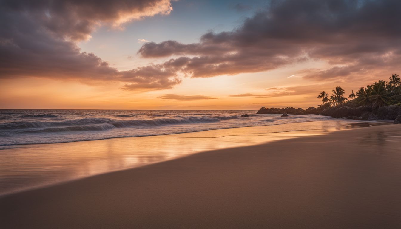 A Peaceful Sunset Over The Beach With Calming Waves In A Bustling Atmosphere.