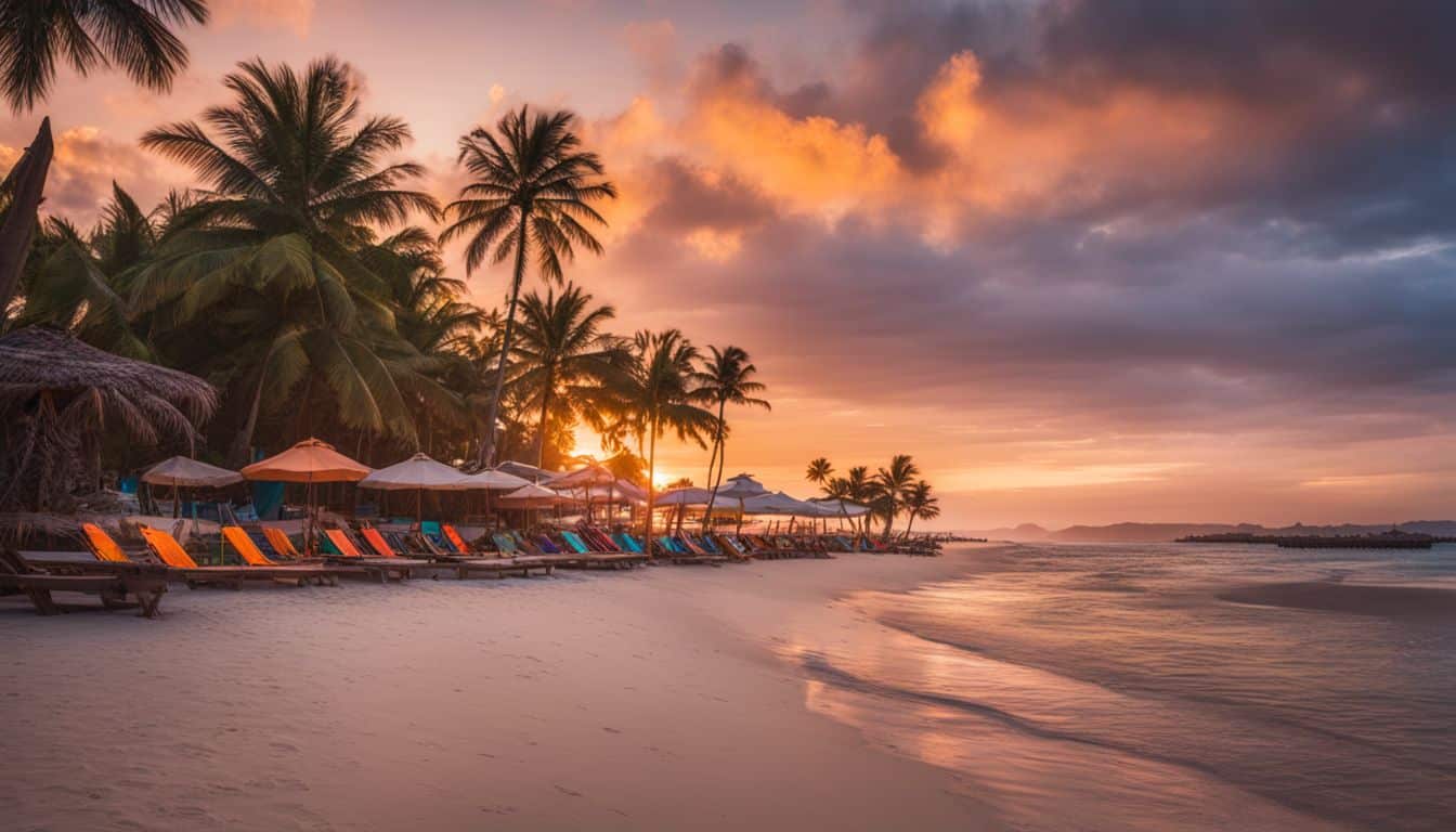 A Crowded Beach At Sunset With Colorful Umbrellas And Palm Trees.