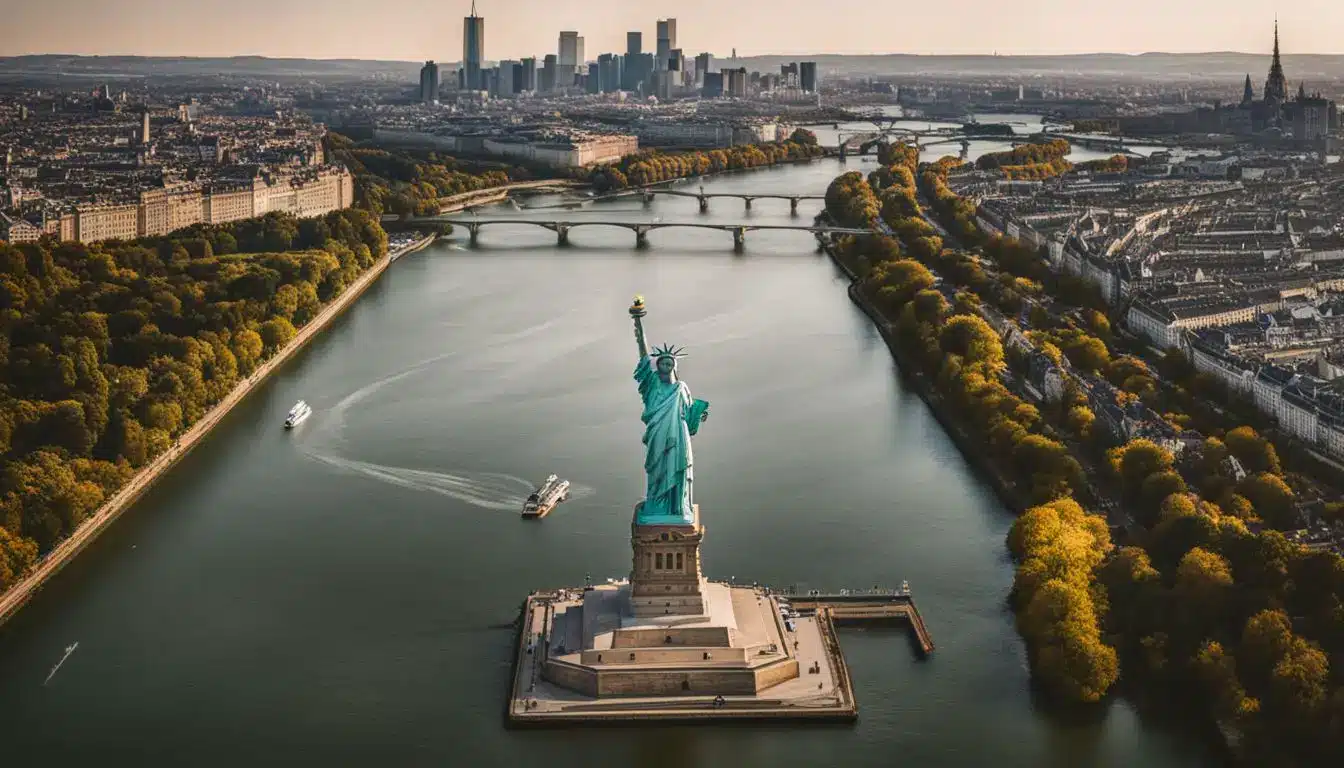 The Photo Captures The Iconic Statue Of Liberty In France Against A Bustling Cityscape Overlooking The Seine River.