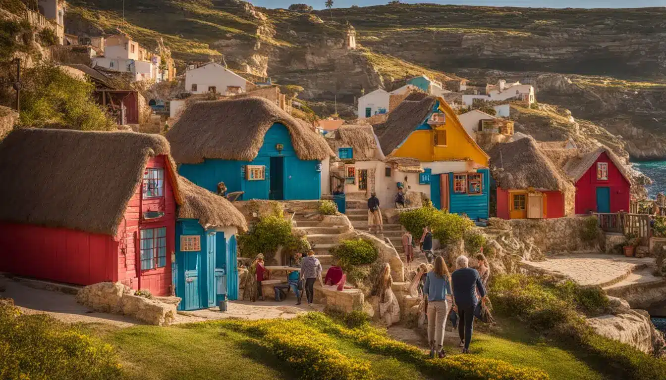 Visitors Exploring Colorful Huts In Bustling Popeye Village, Malta, Captured In Crystal Clear Landscape Photography.