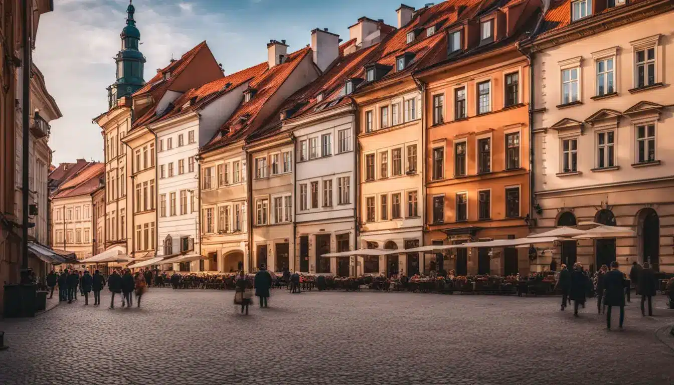 A Bustling Cityscape Of Colorful Historic Buildings In Warsaw Old Town With Diverse People.