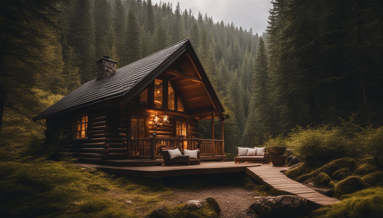 A Serene Forest Scene With A Rustic Cabin Surrounded By Lush Trees.