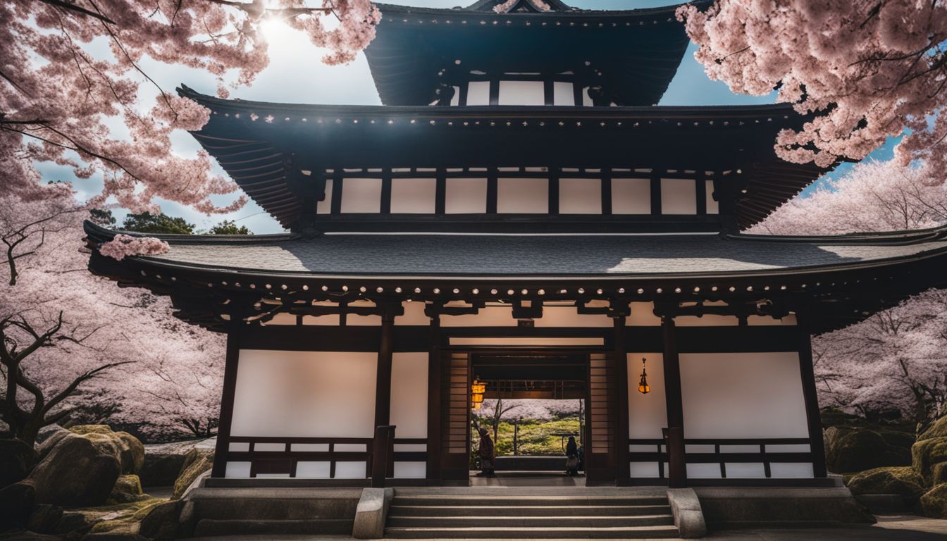 A Peaceful Japanese Temple Surrounded By Cherry Blossoms In A Bustling Atmosphere.