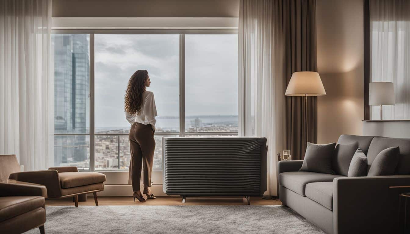 A Person Standing Next To A Modern Air Conditioning Unit In A Hotel Room.