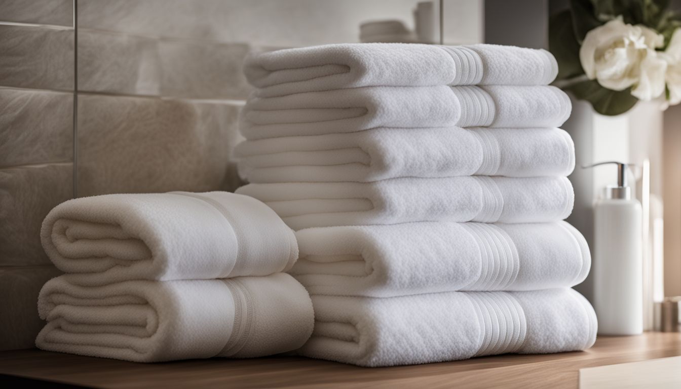 Neatly Folded Stack Of Towels And Washcloths In A Modern European Hotel Bathroom.